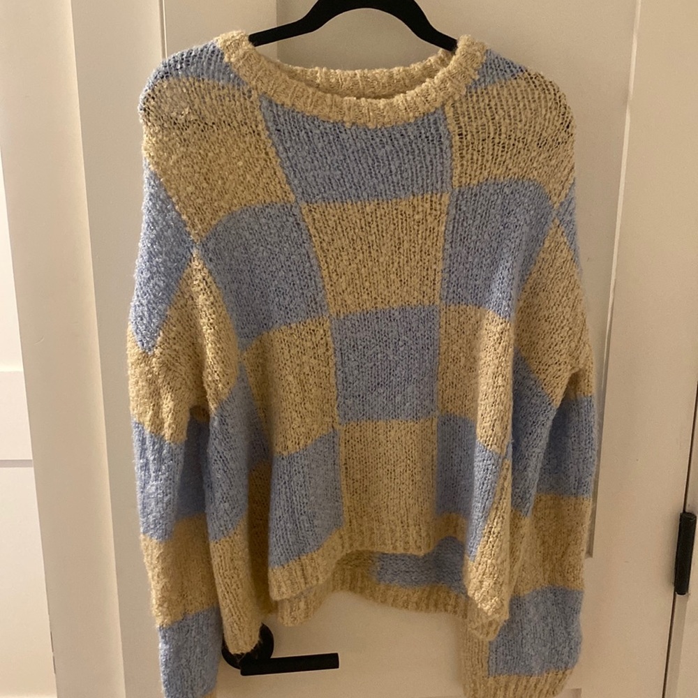 Beige Botany Cream and Blue Checkerboard Sweater